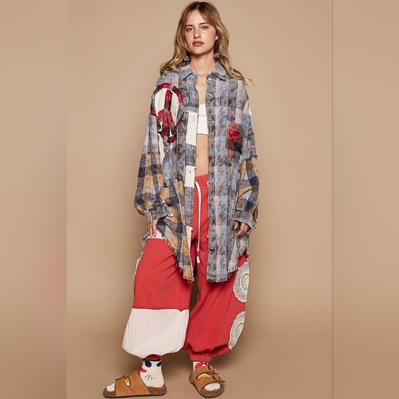 NWT POL Peace Plaid Patchwork Oversize Button down Bohemian Shirt Shacket - Picture 5 of 10